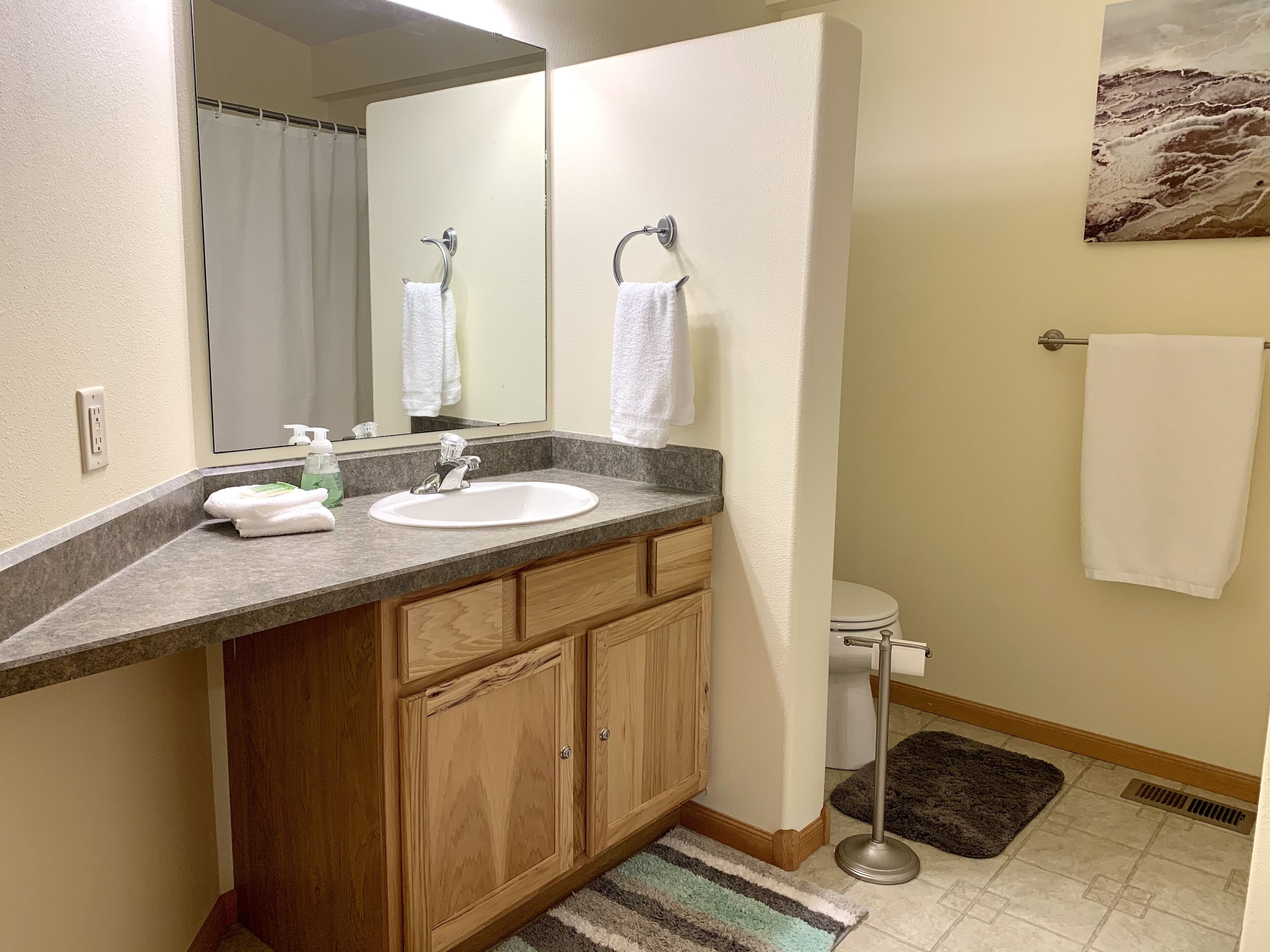 Combined shower/tub, hair dryer, towels, soap