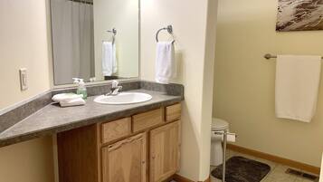 Combined shower/tub, hair dryer, towels, soap
