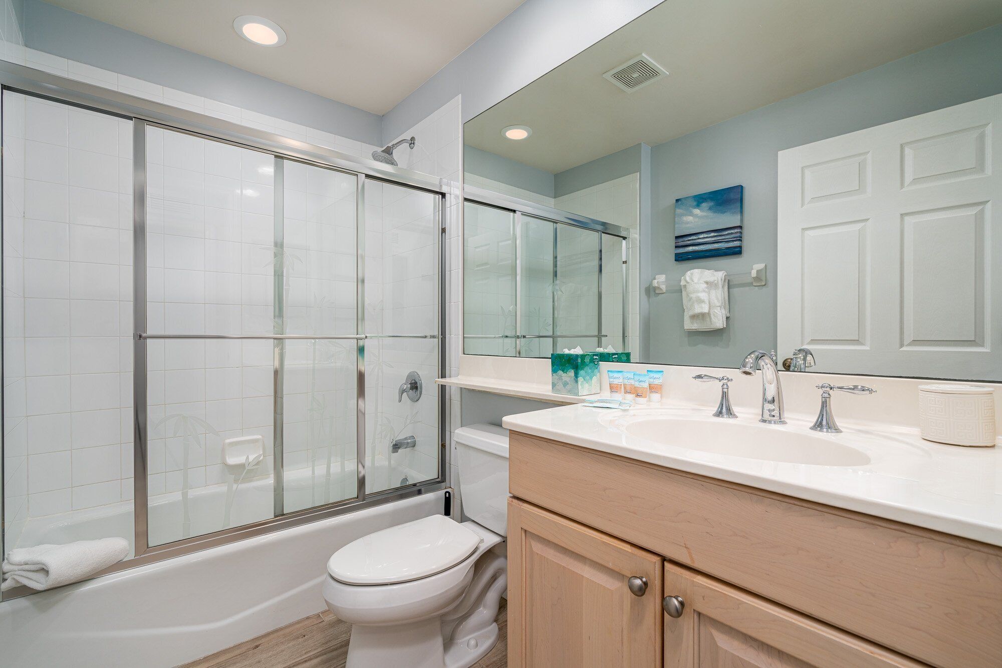 A bathroom with a glass-enclosed shower, a bathtub, a toilet, a vanity with a mirror, and a shelf with toiletries.