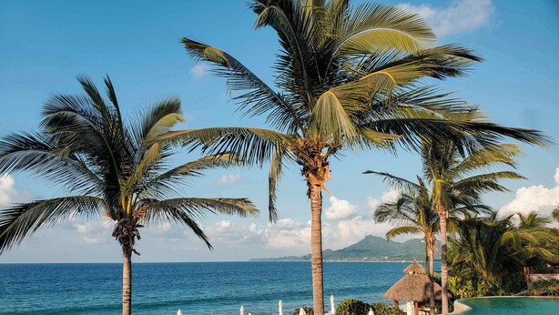 Un resort con piscina, sillas de descanso y palmeras.