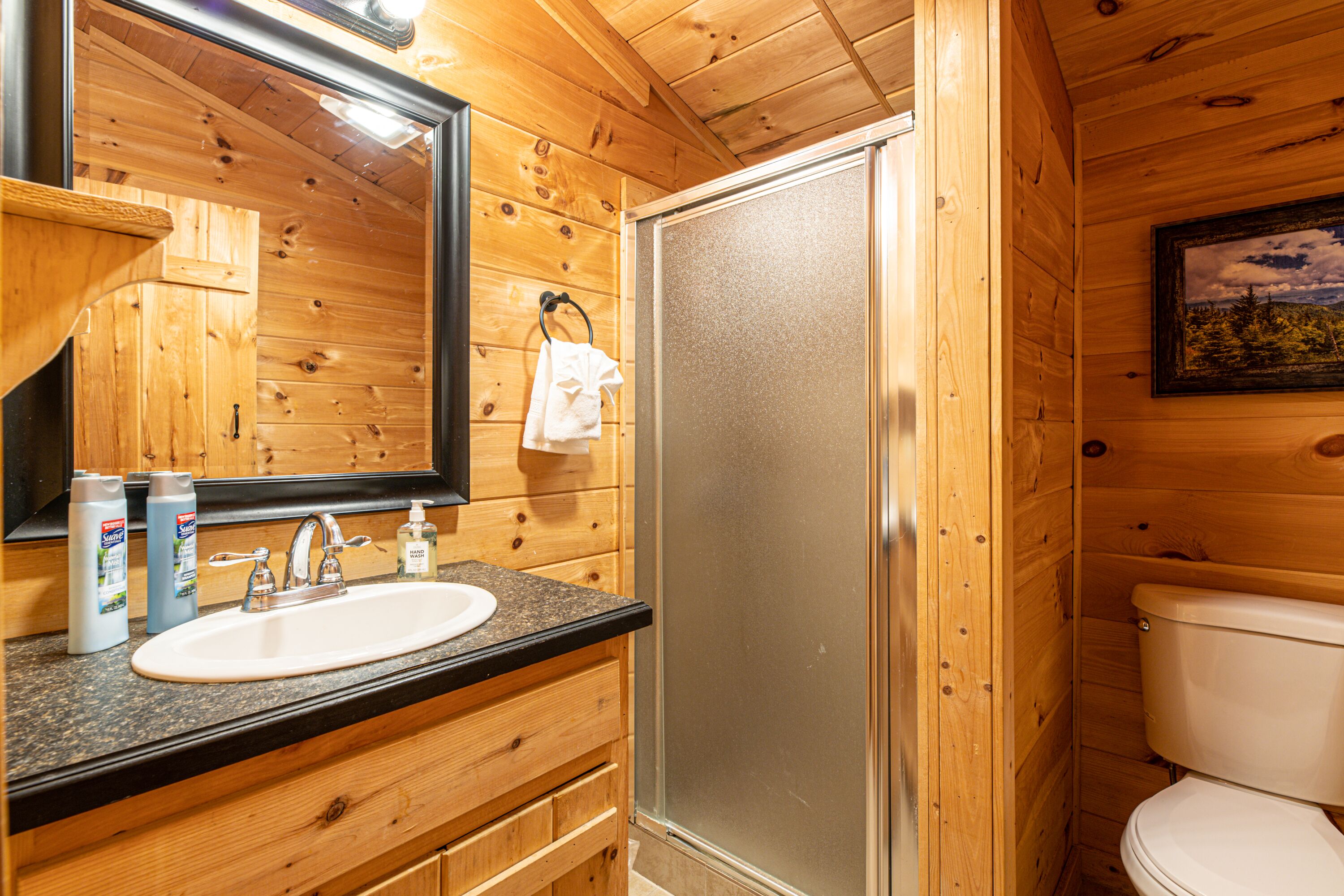 A wooden cabin bathroom with a sink, mirror, and toilet.