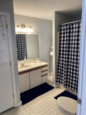 Combined shower/tub, hair dryer, towels, soap