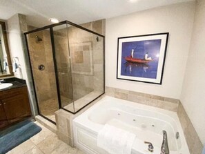 Combined shower/bathtub, jetted bath, hair dryer, towels - 1511 Family Tides Oceanfront 3 BR 3 BA Condo (North Myrtle Beach)
