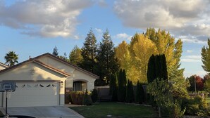 Una casa residenziale con garage, canestro da basket e un prato curato.