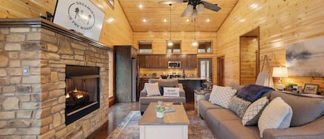 Smart TV, fireplace, table football, books