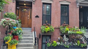 A brick building with a wooden front door, multiple windows, and various potted plants and decorations on the steps and railings. - Modern, Smart 1Bed -Private Entry. Boston's Best Location Close to Everything (Boston)