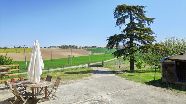A gravel path leading to a wooden table and chairs with a white umbrella, overlooking a rural landscape with fields and a large tree.