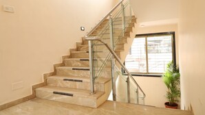 A staircase with glass railings and a potted plant beside it.