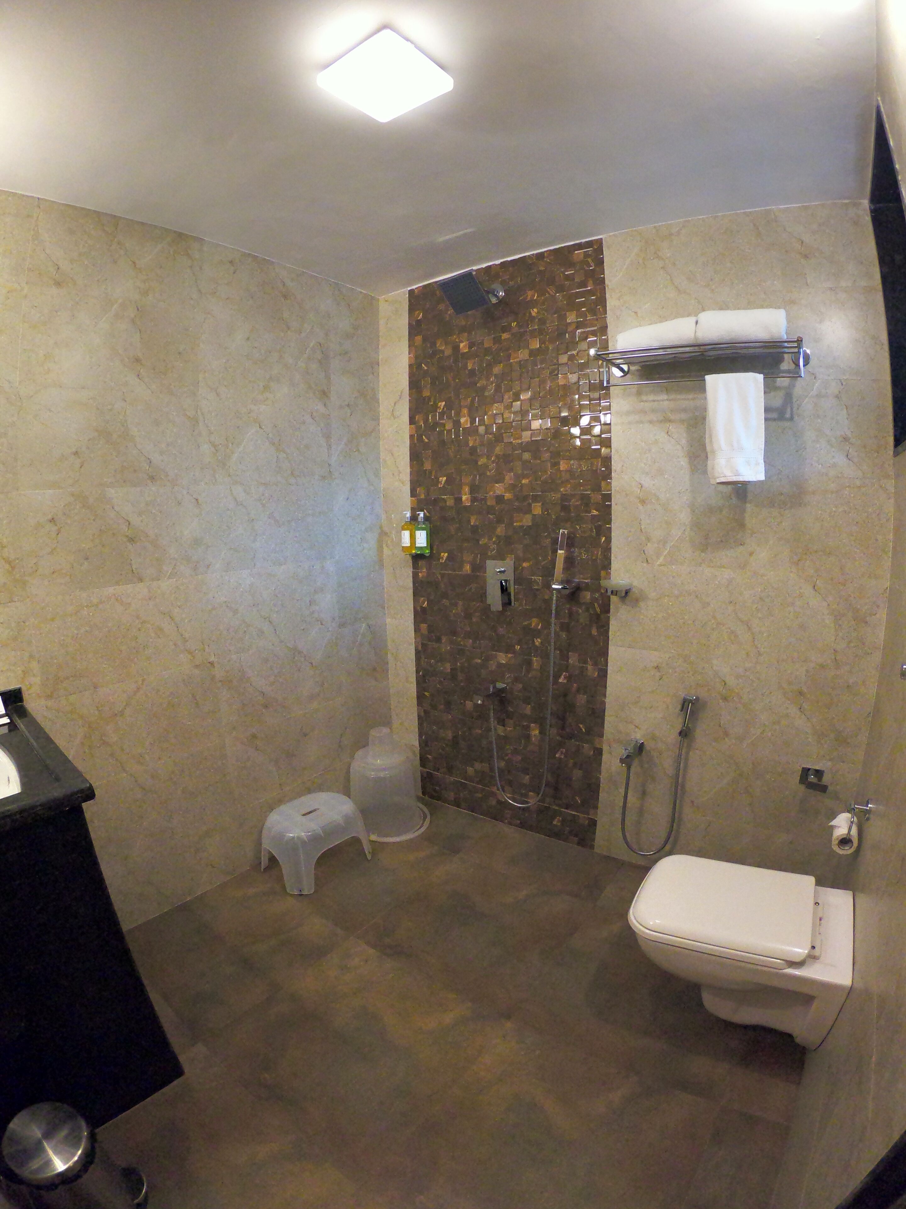 A bathroom with a toilet, a shower, a sink, and a mirror.