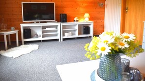 A wooden-paneled room with a television, speakers, and a white cabinet. There is a white fur rug on the floor and a vase with flowers on a table. - Ferienwohnung Andresen - FW Andresen (Pommerby)