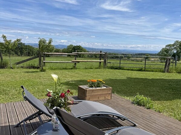 A wooden deck with outdoor furniture, a flower vase, and a planter box with flowers.