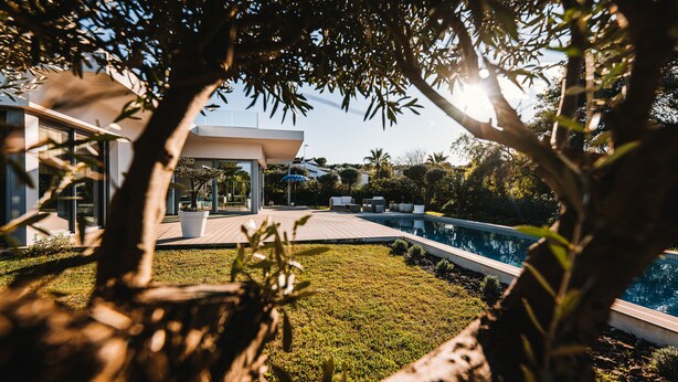 Una casa moderna con piscina, rodeada de exuberante vegetación y una terraza de madera.