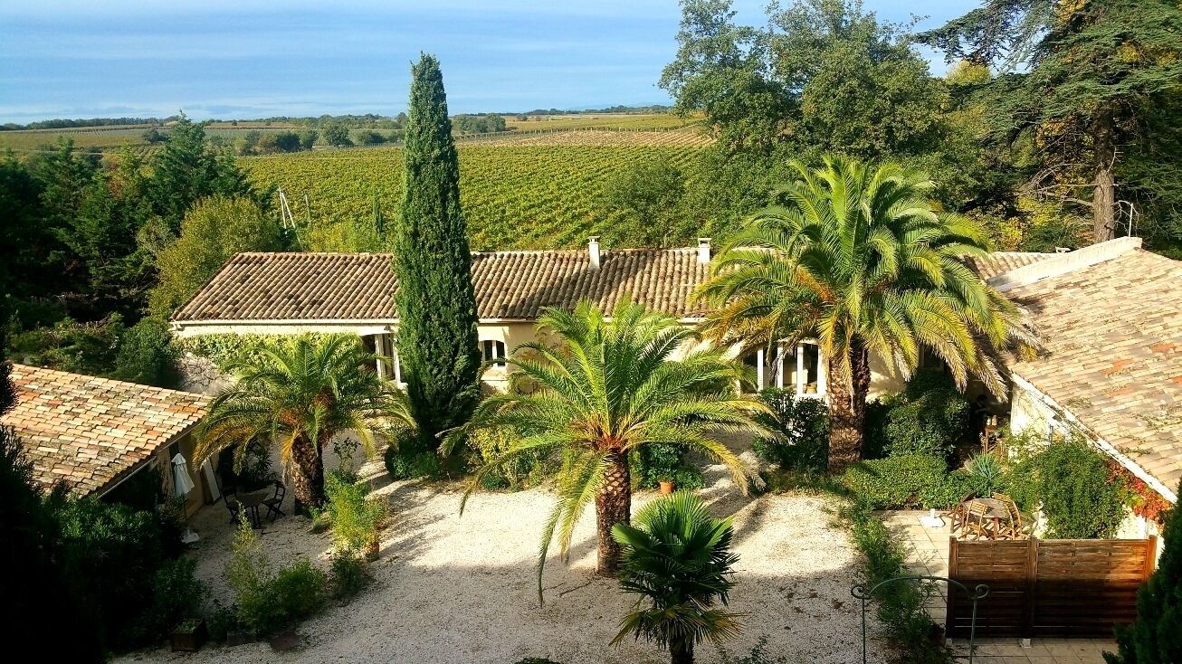 Une villa avec un toit en tuiles, entourée de palmiers et avec un vignoble en arrière-plan.