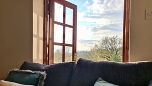 A room with a large window, a dark-colored sofa, and a decorative pillow with a dragon design.