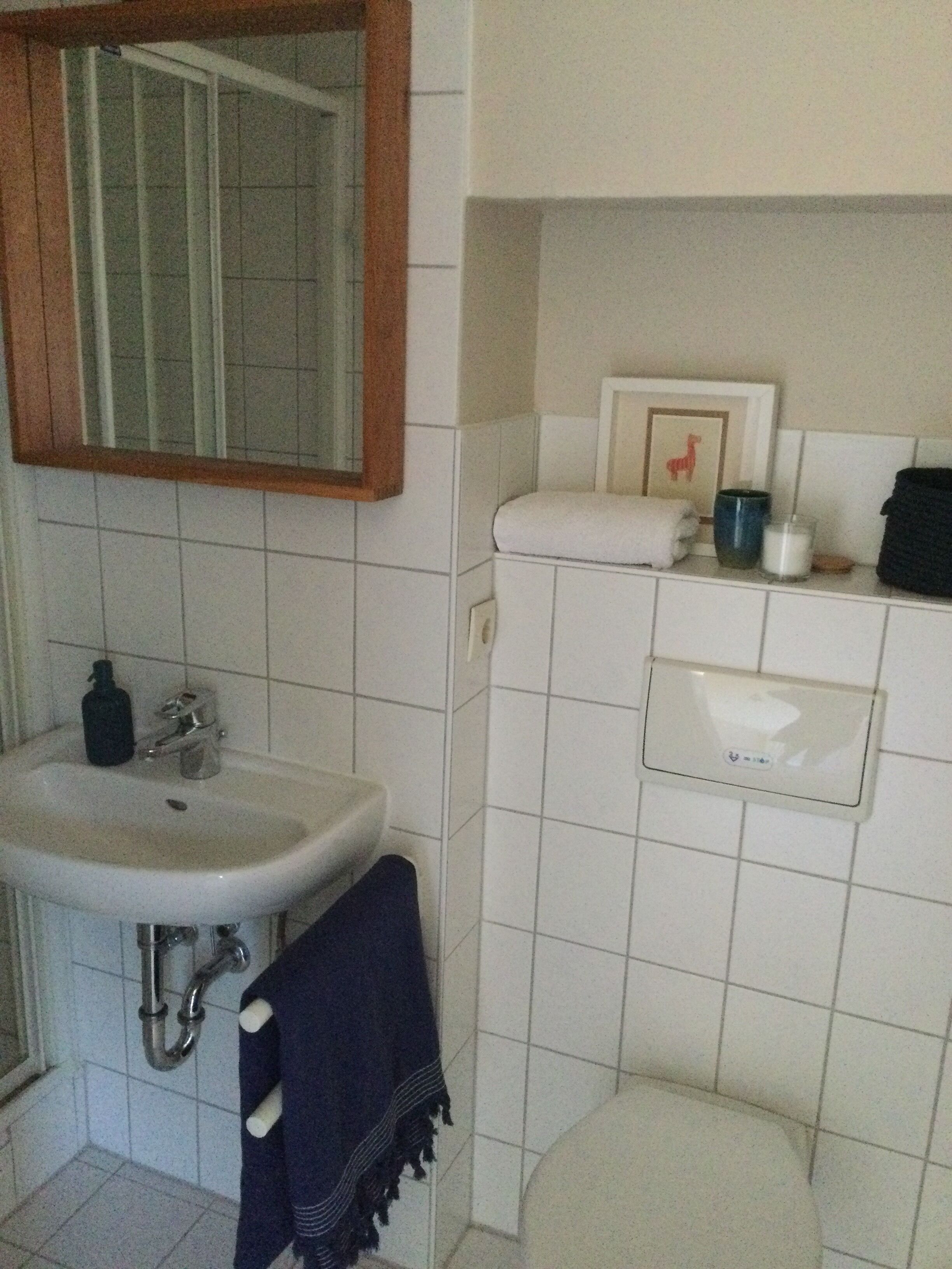 Un baño con lavamanos blanco, espejo y retrete. Hay una toalla colgada en la pared y un cuadro enmarcado sobre el retrete.