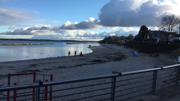 Ein Strand mit einer Metallreling, ruhigem Meer und bewölktem Himmel.