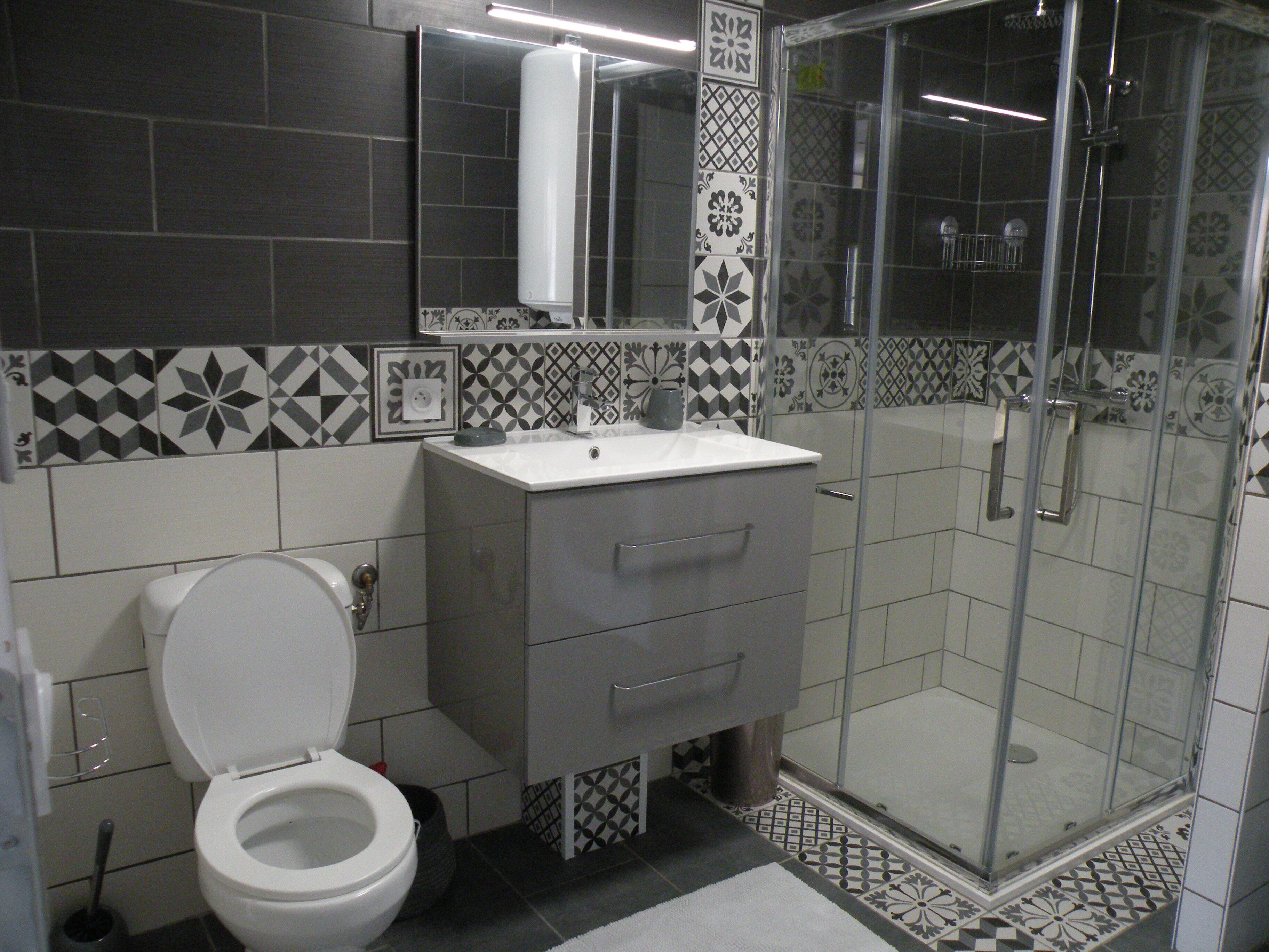 Un baño con inodoro, lavamanos y ducha.