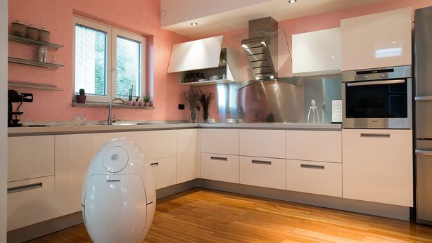 Una cocina moderna con armarios blancos, electrodomésticos de acero inoxidable y suelo de madera.