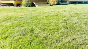 Une maison moderne à deux étages, dotée d’un toit plat, de grandes fenêtres et d’une pelouse bien entretenue.