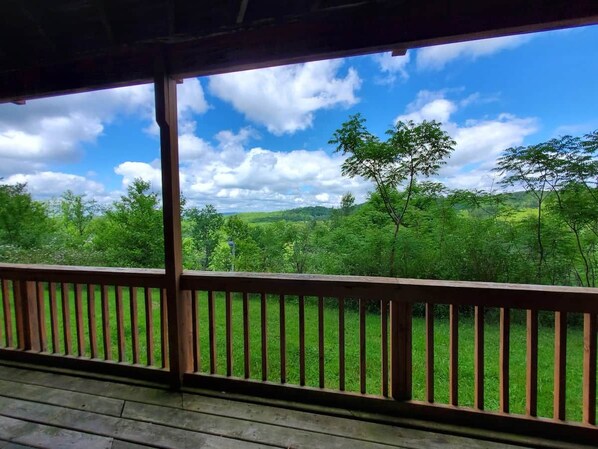 Una terraza de madera con vistas a un paisaje verde y árboles bajo un cielo despejado.