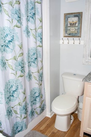 A bathroom with a toilet, a shower curtain with a floral pattern, and a framed picture on the wall. - Winterplace D104 Ski in Ski out condo First floor (Ghent)