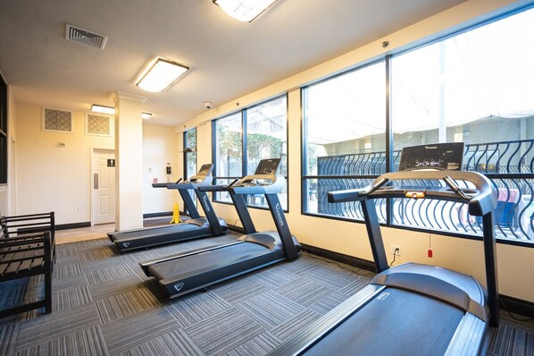 A gym with treadmills, a bench, and large windows.