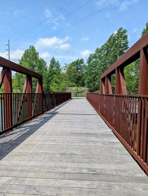 A wooden pedestrian bridge with metal railings, surrounded by trees and a clear sky.