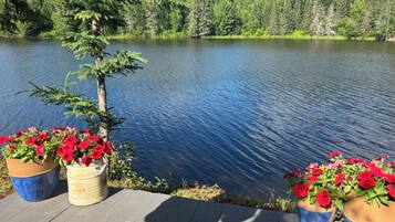 Une terrasse en bois agrémentée de plantes en pot et donnant sur un lac.