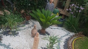 A garden with a variety of plants, a small fountain, and a brick structure. - Villa 100m from the beach (Mohammedia wilaya de Casablanca)