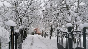 Een pad bedekt met sneeuw dat leidt naar een gebouw met een hek.