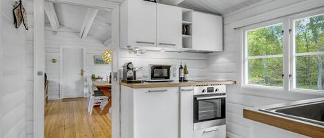 Fridge, stovetop, dishwasher, coffee/tea maker