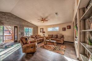 Flat-screen TV, fireplace, DVD player, table tennis