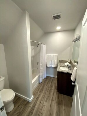 Hair dryer, towels, soap, shampoo