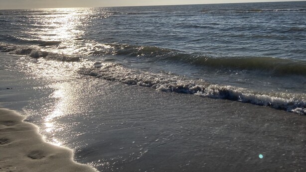 Una playa con luz solar reflejada en el agua y la arena.