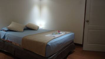 A bedroom with a bed, pillows, a bedside table, and a door.