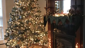 Un albero di Natale addobbato con luci e ornamenti, un caminetto con mensola e una finestra con persiane.