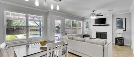 Smart TV, fireplace, video library