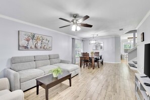 Smart TV, fireplace, video library
