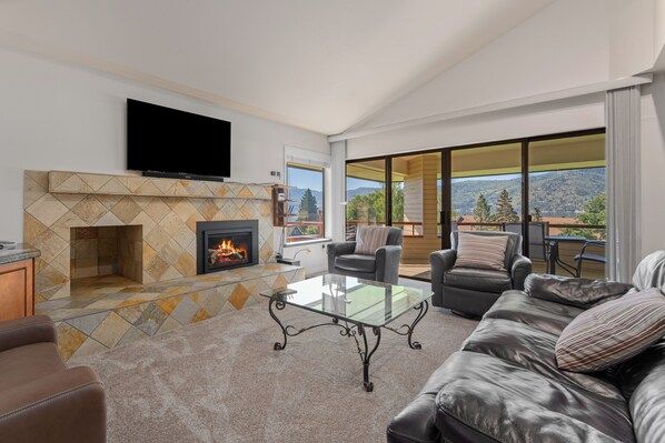 Smart TV, chimenea, reproductor de DVD y estéreo 