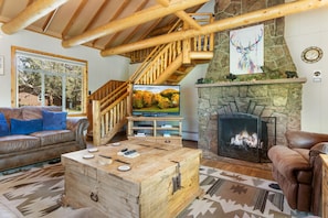 Smart TV, fireplace, books