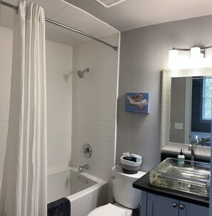 Bathtub, hair dryer, towels, soap