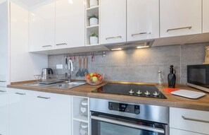Fridge, stovetop, cookware/dishes/utensils