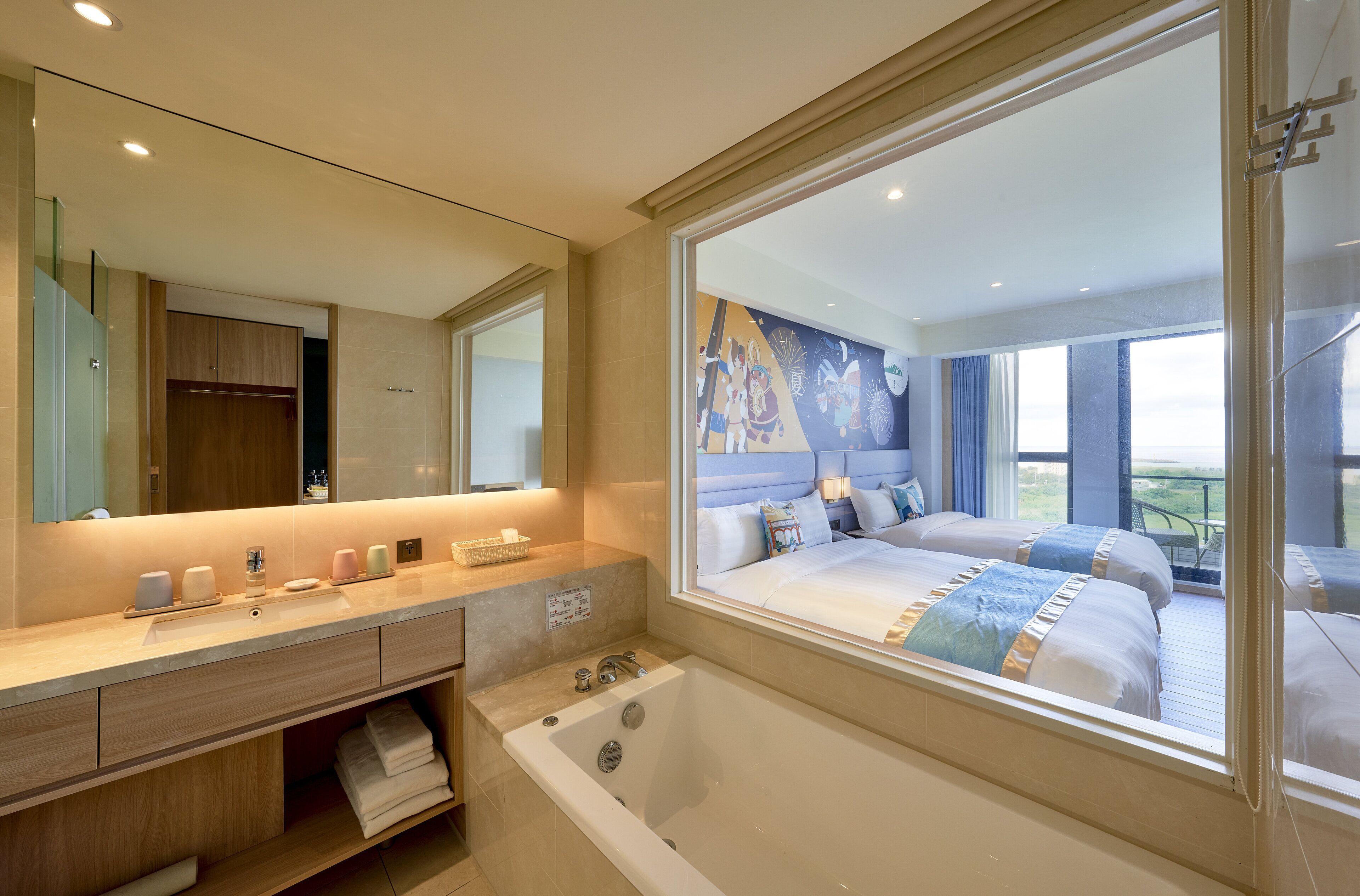 kid-themed family room with ocean view | bathroom | free toiletries, hair dryer, slippers, bidet