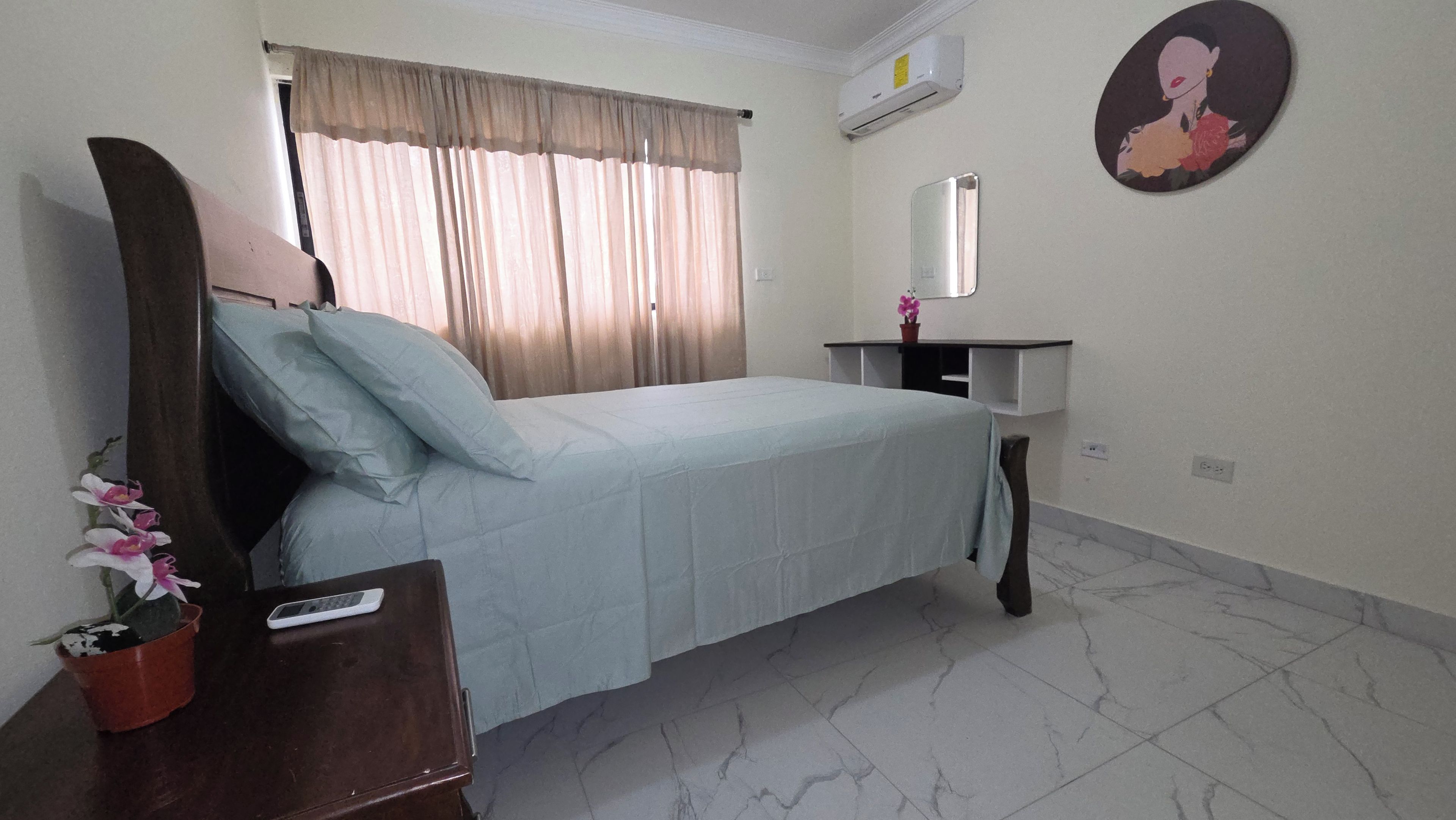 A bedroom with a bed, a bedside table, a potted plant, a mirror, and a wall-mounted air conditioner.