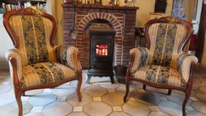 Dos sillones decorativos con tapicería estampada frente a una chimenea de ladrillo con fuego encendido.