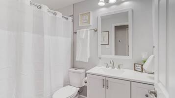 Combined shower/bathtub, hair dryer, towels, shampoo