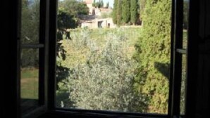 Ein Fenster mit Blick auf eine ländliche Landschaft, darunter Bäume und ein entferntes Gebäude.