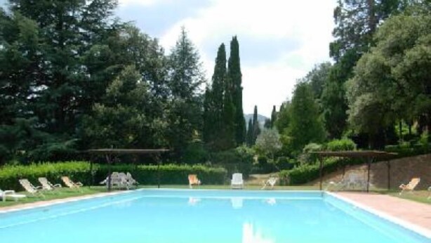Ein rechteckiger Pool mit Fliesenrand, umgeben von einer niedrigen Steinmauer und einer Rasenfläche mit mehreren Liegestühlen.