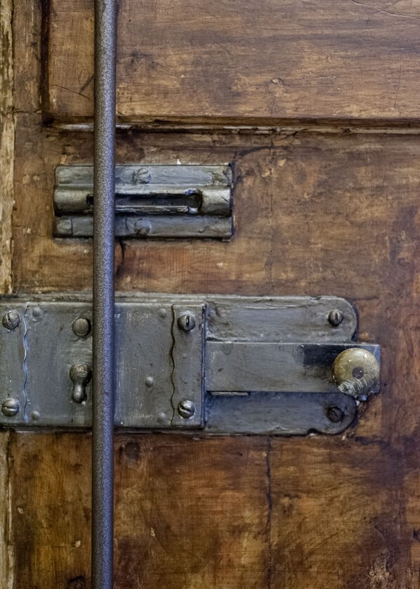 A close-up of a wooden door with a metal latch and hinge.