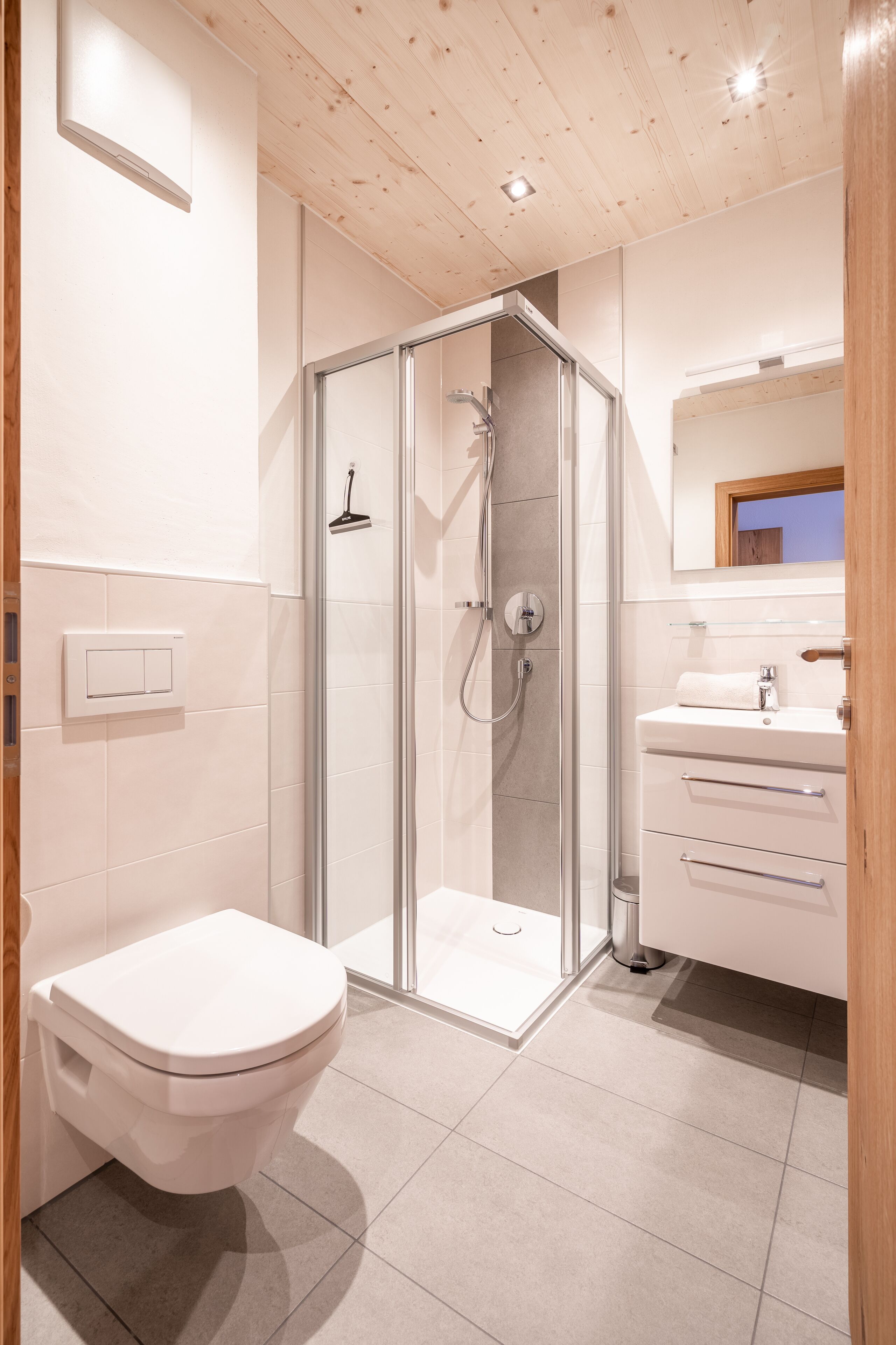 A modern bathroom with a glass shower enclosure, a white toilet, and a vanity with a mirror.